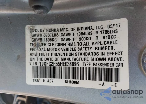 2017 Honda Civic Lx z USA, uszkodzony, nr VIN 19XFC2F55HE038696
